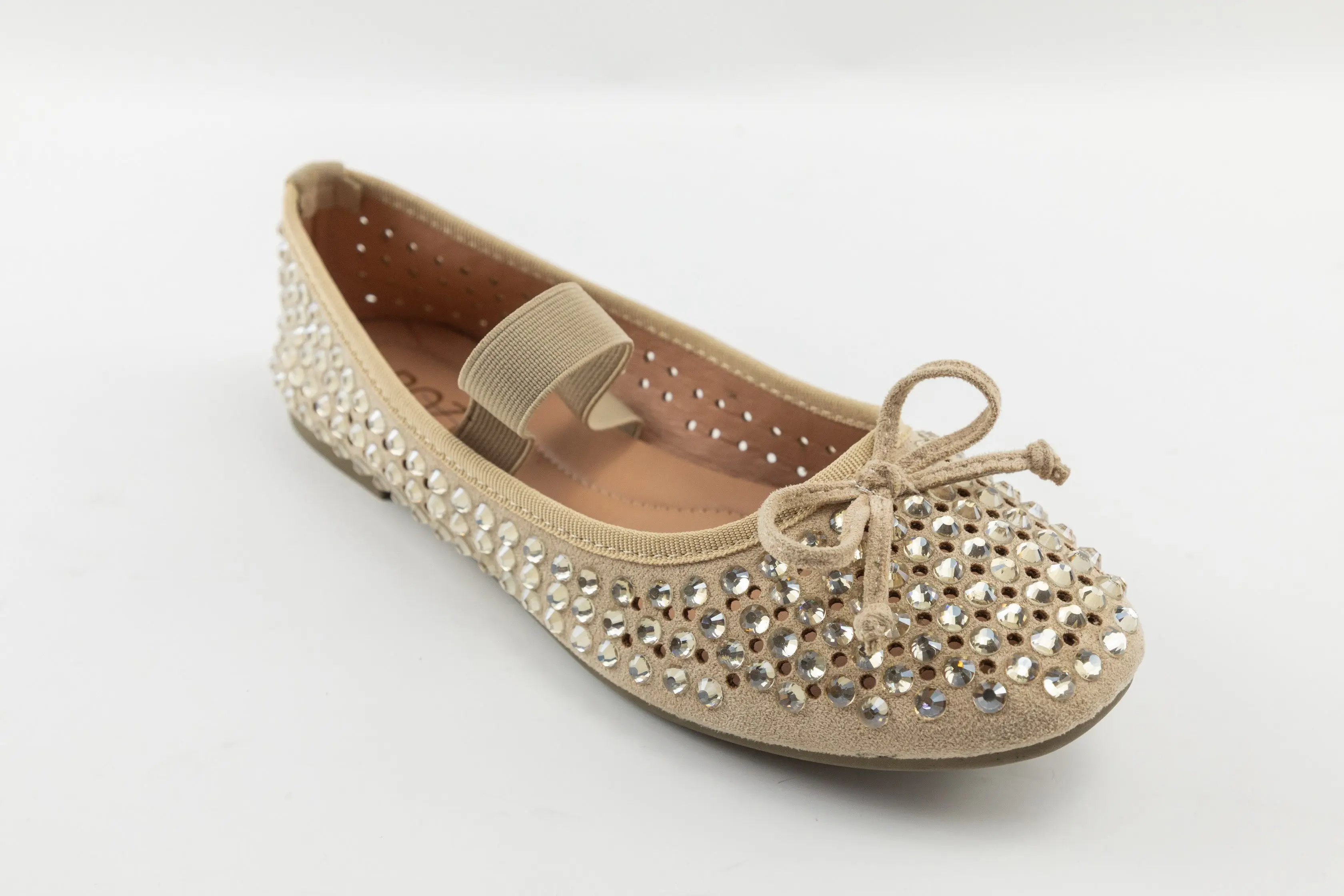 OEM ODM Custom Beige Suede Girls Ballerina Shoes with Rhinestones and Bow Decoration