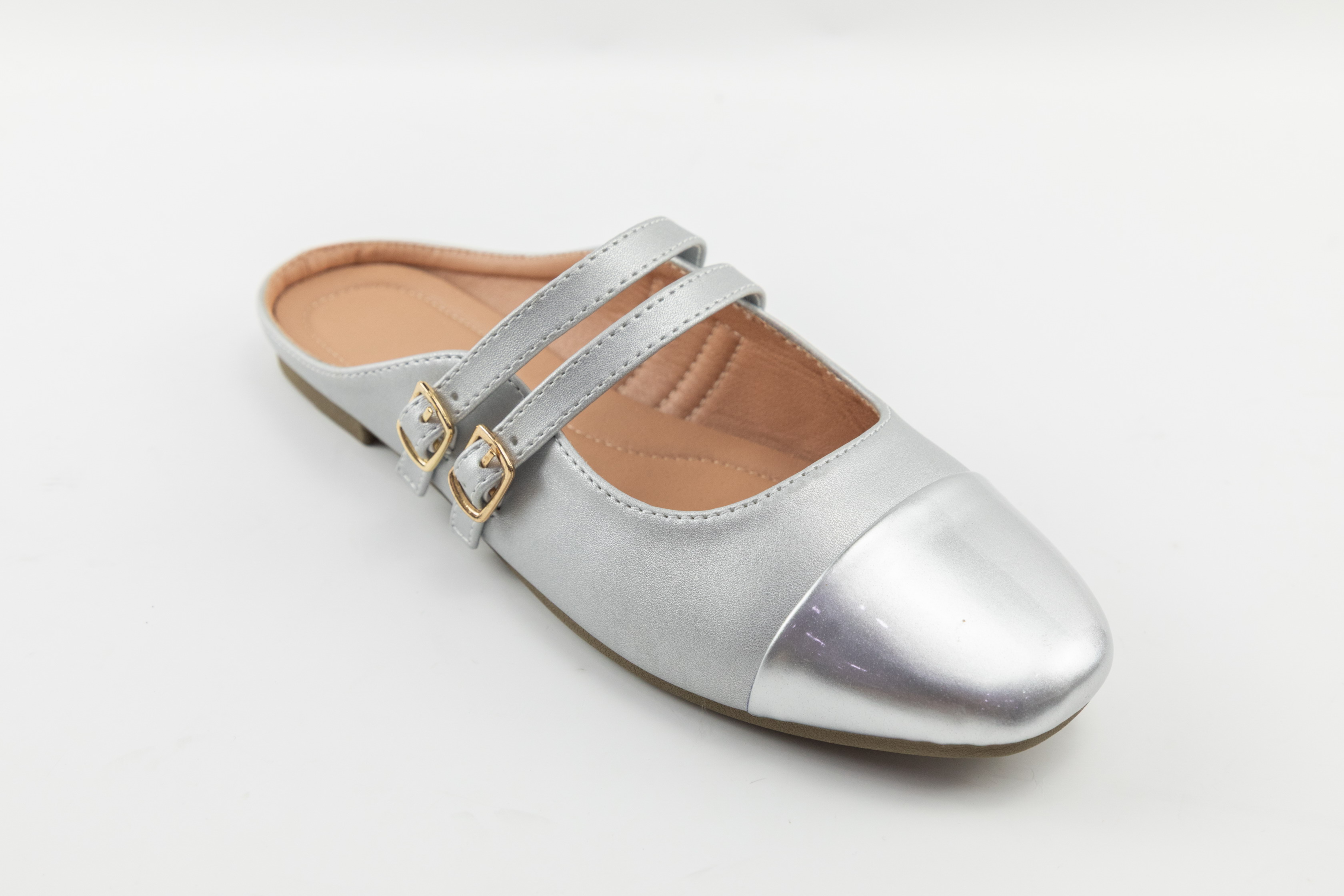 OEM ODM Custom Silver PU Ladies Ballerina Mules with Double Buckle Straps and Square Toe