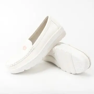Platform White Nursing Shoes with Flower Embroidery