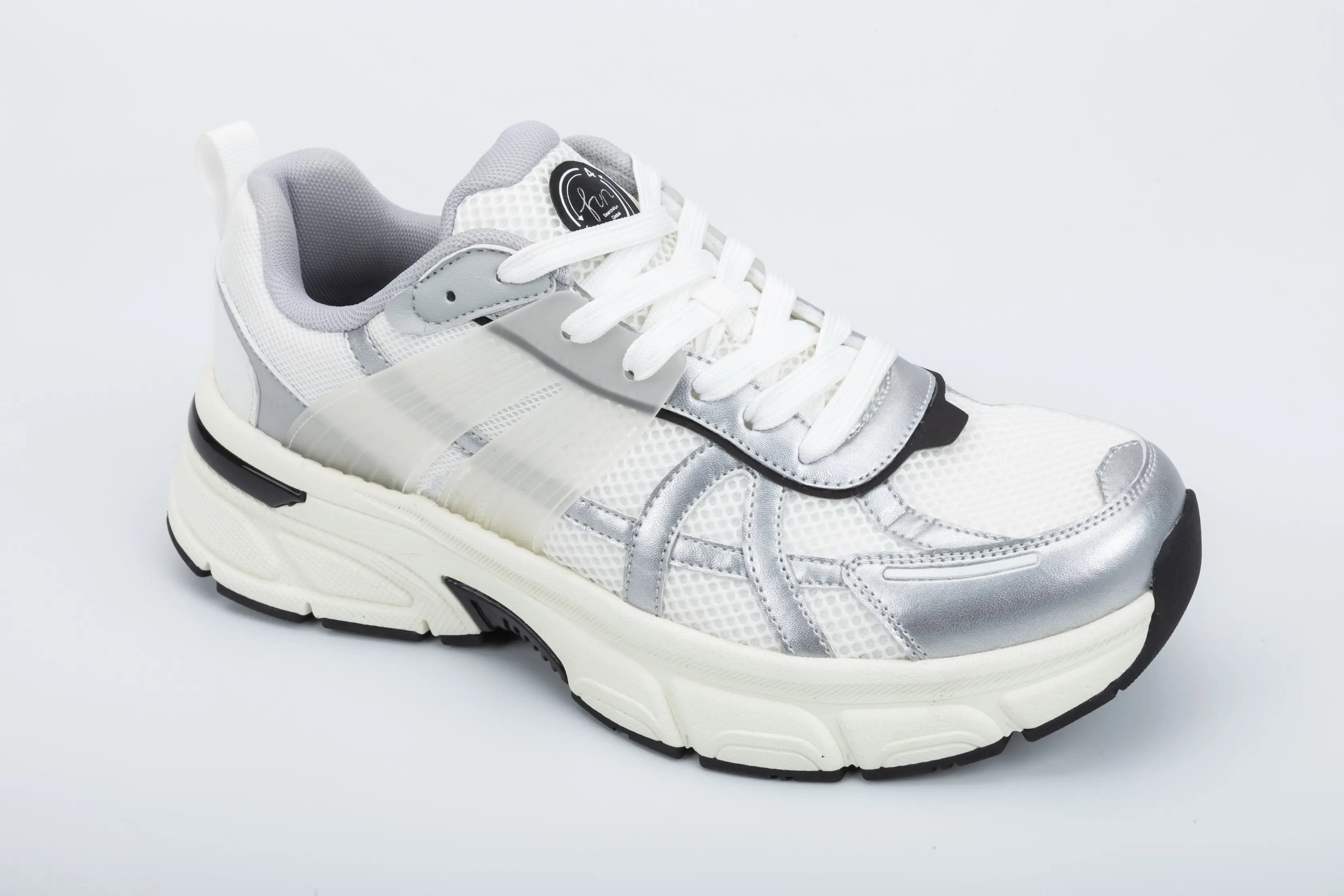 Custom White and Silver Mesh Running Sneakers with Thick Sole Cushion for Unisex Sportswear