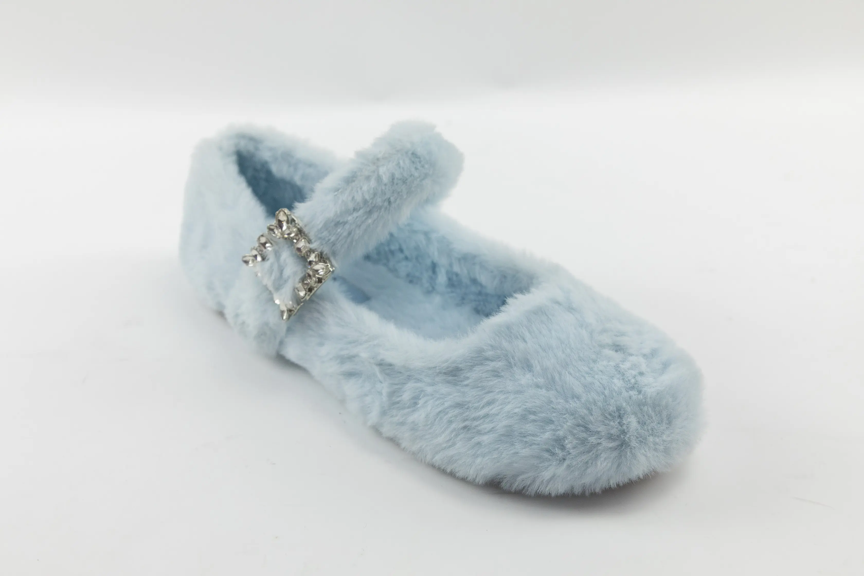Custom Light Blue Faux Fur Flats with Crystal Buckle for Women and Girls