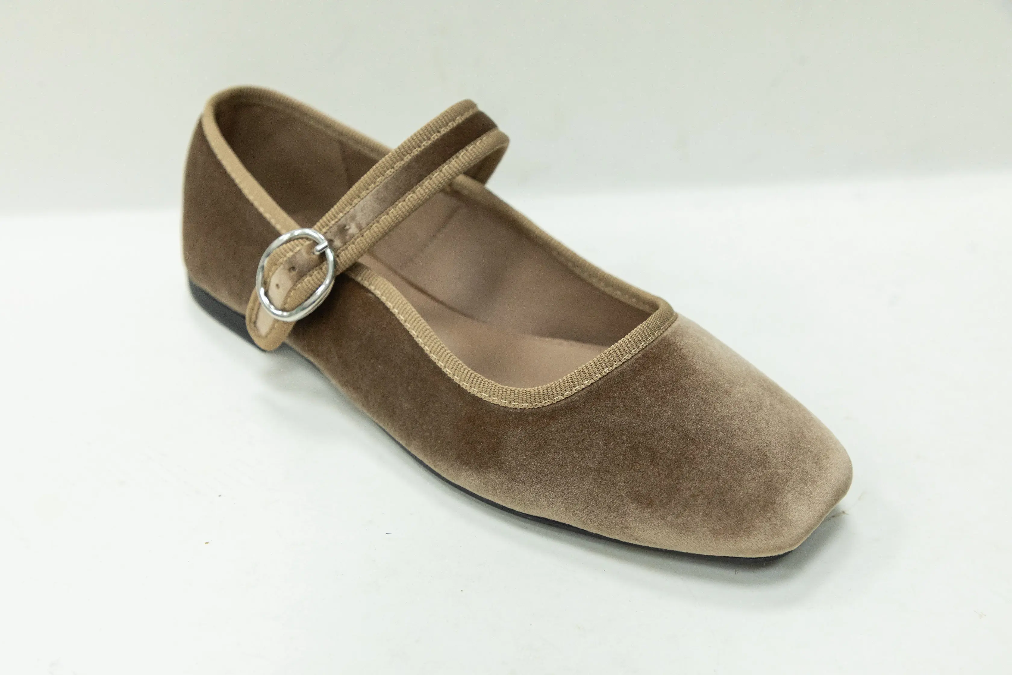 OEM ODM Custom Velvet Upper Ladies Ballerina Shoes with Buckle Strap and Square Toe
