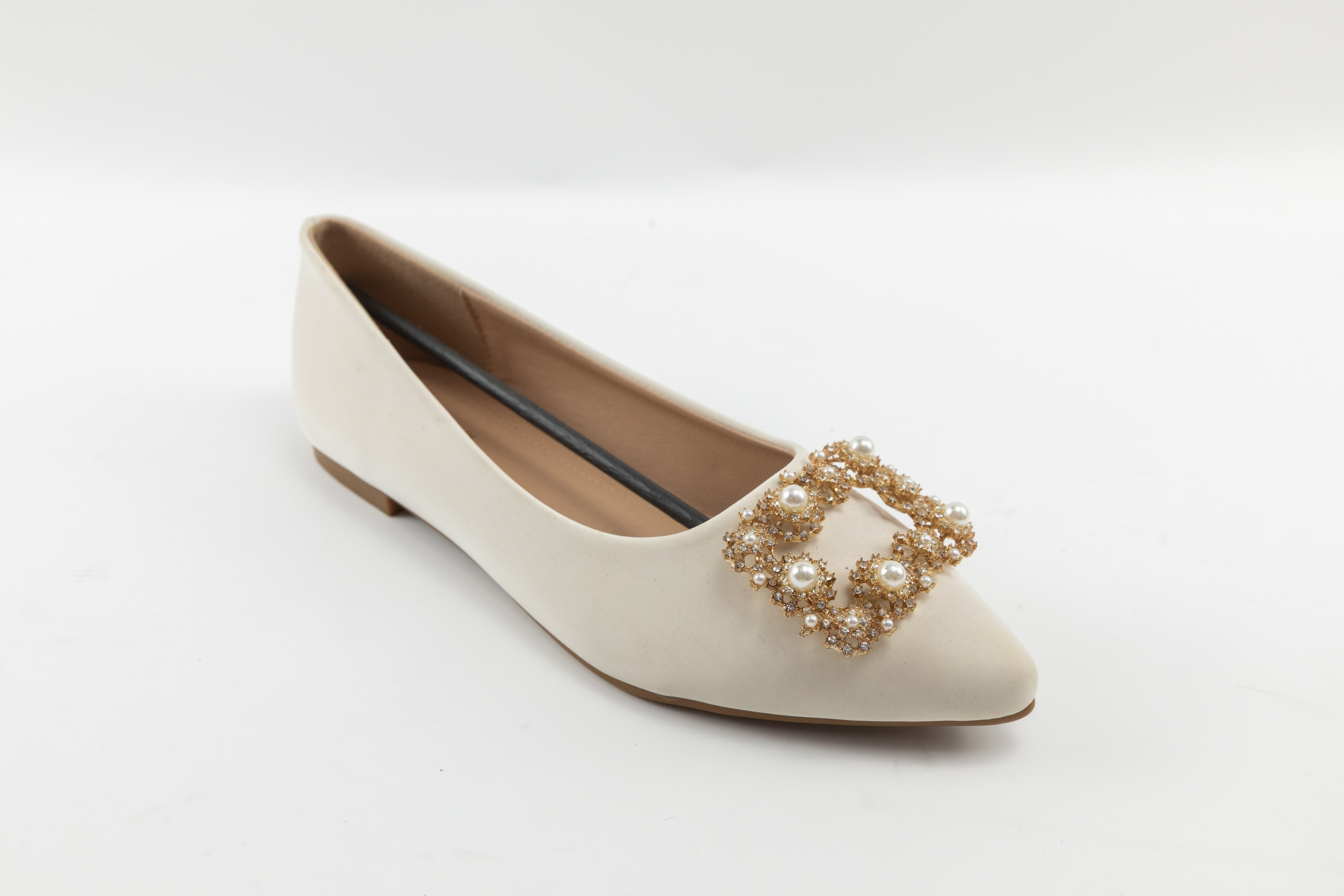 Custom Beige PU Ladies Ballerina Flats with Pearl and Rhinestone Buckle Decoration