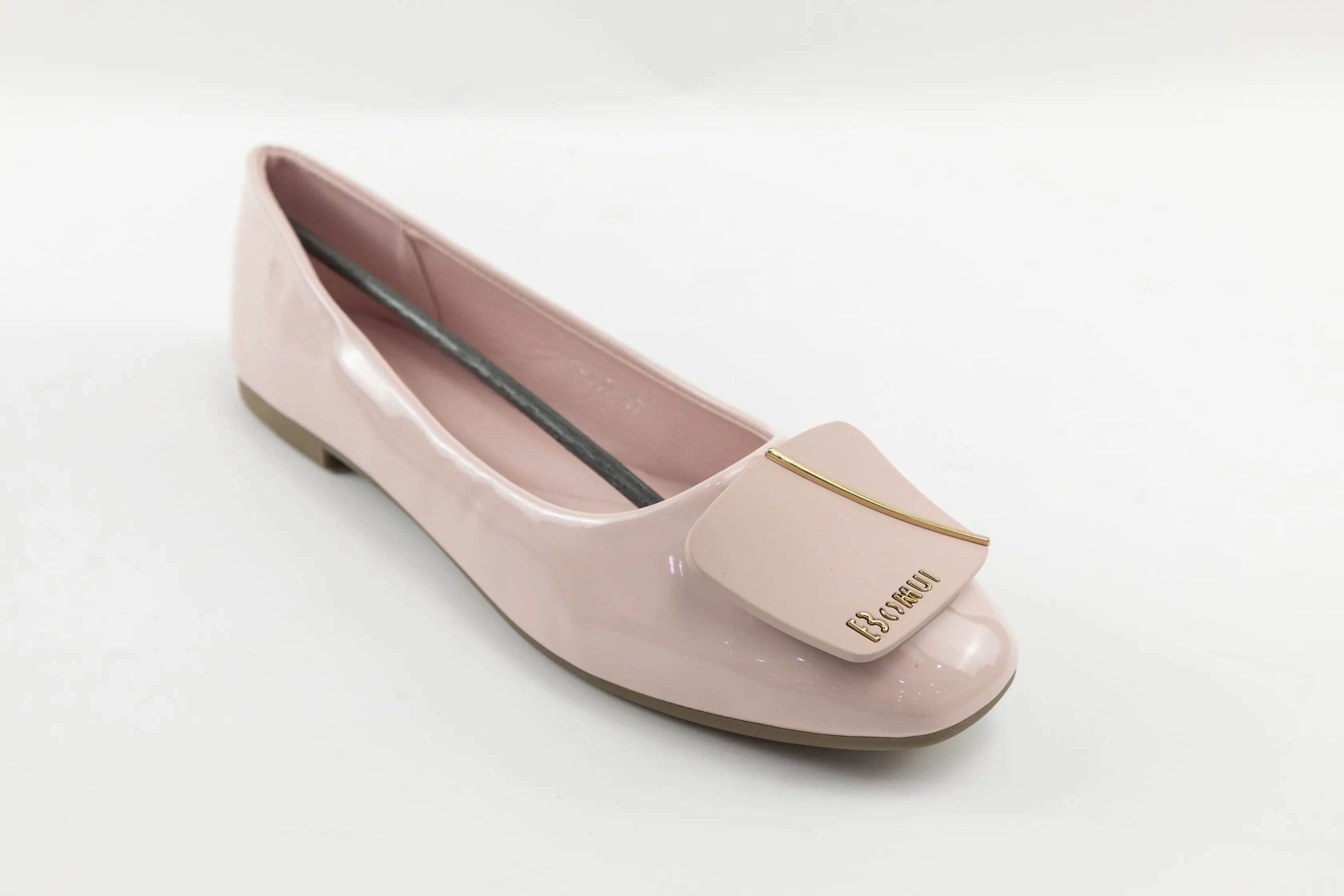 OEM ODM Custom Pink Patent PU Ladies Ballerina Shoes with Decorative Front Buckle and Low Heel
