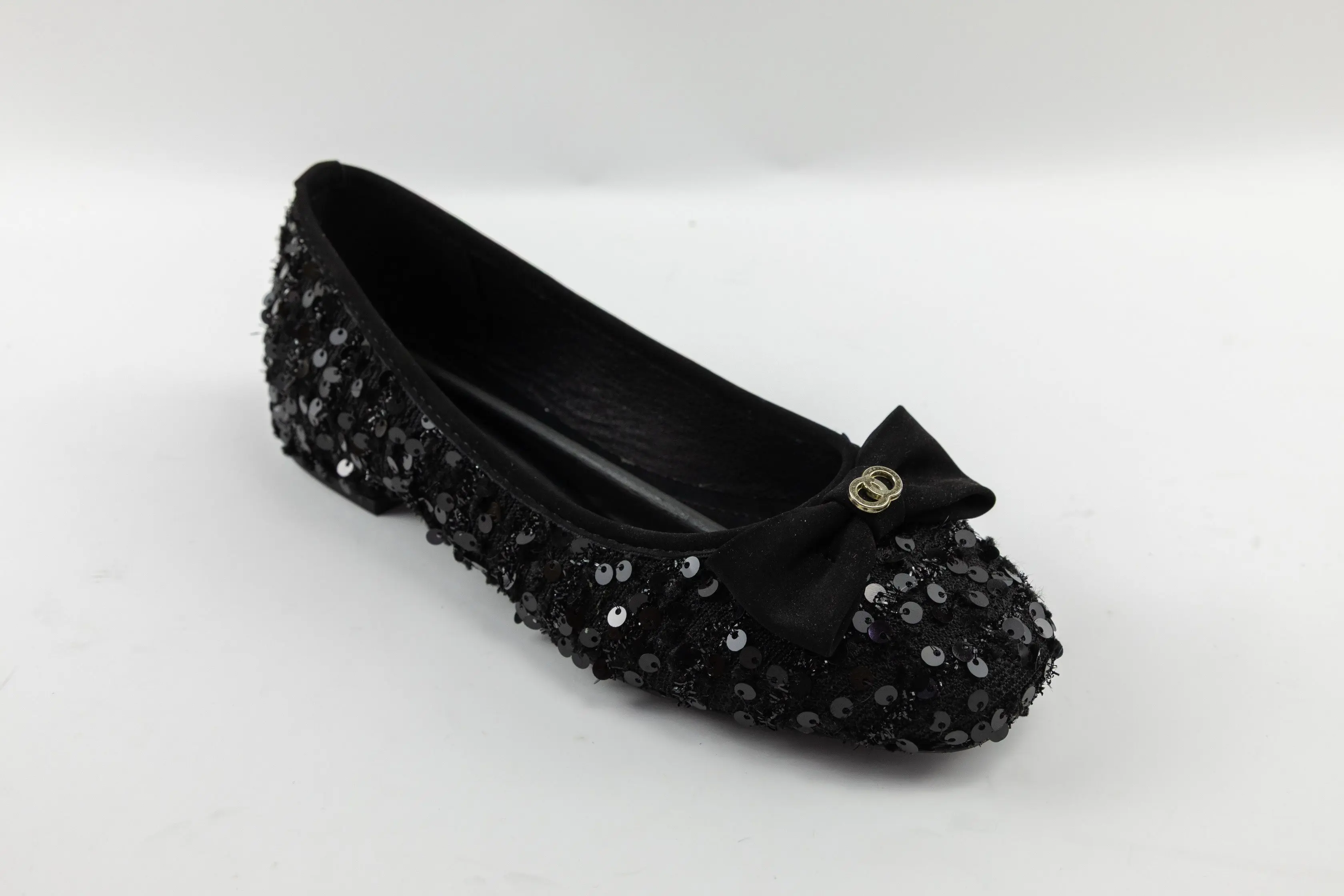 OEM ODM Custom Black Sequin Girls Ballerina Shoes with Bow and Gold Charm Decoration