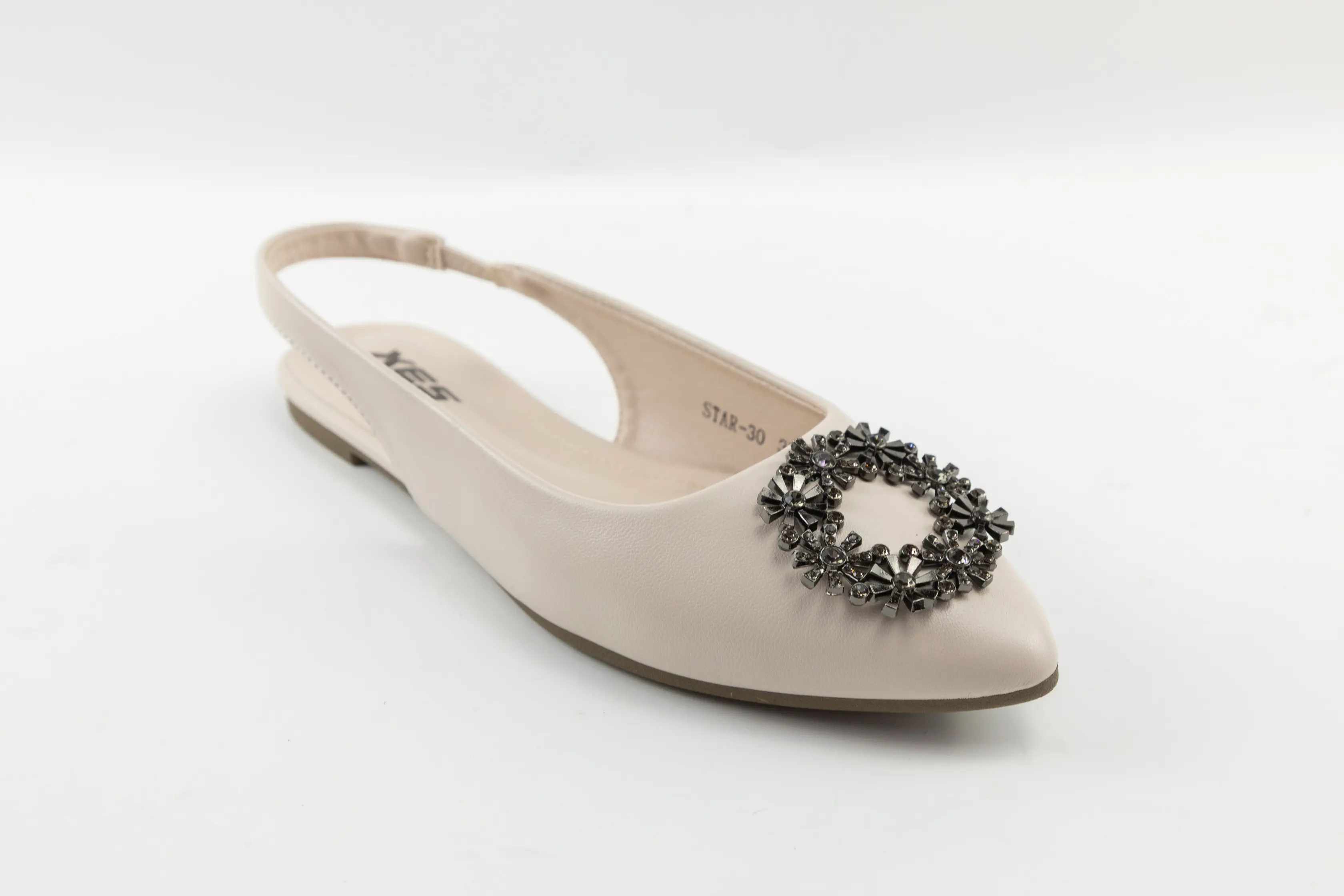 OEM ODM Custom Beige PU Ladies Slingback Ballerina Flats with Floral Rhinestone Buckle Decoration