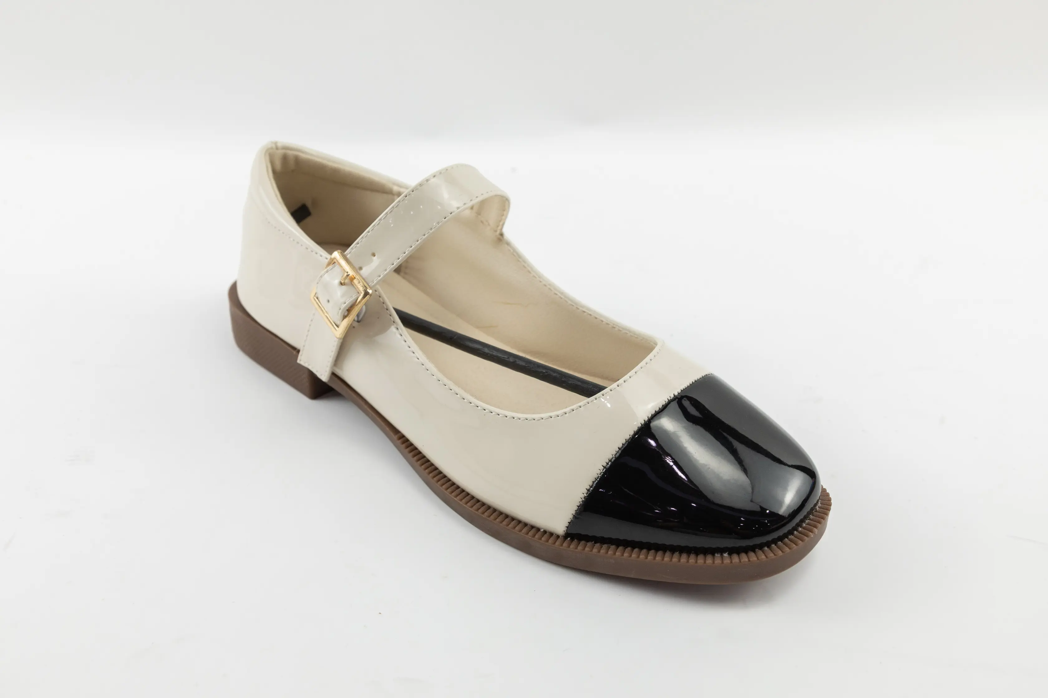 Custom Beige and Black PU Ladies Office Ladies Flats with Gold Buckle Strap